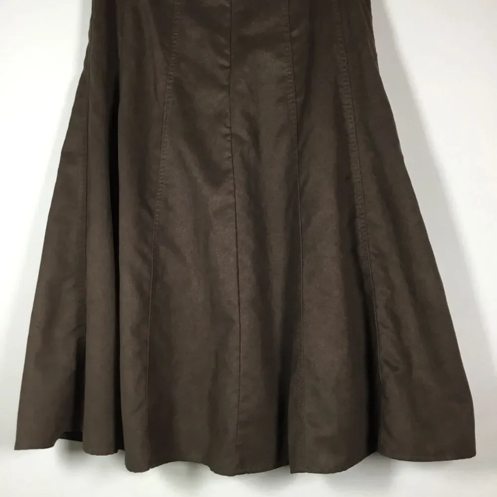 Brown faux vegan suede western prairie a line skirt satin liner size 6 waist 30”